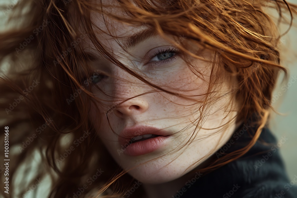 Woman with Red Hair and Freckles Realistic Portrait Image Woman with Red Hair and Freckles Realistic Portrait Image