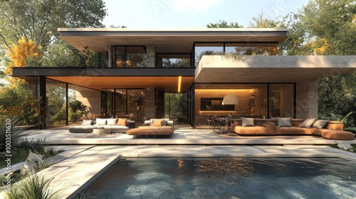 Modern home design featuring outdoor living and pool area.