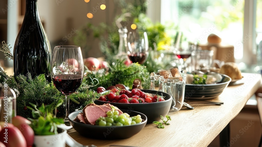 A festive table setting with red wine, fruit and meat, ready for a special occasion. A festive table setting with red wine, fruit and meat, ready for a special occasion.