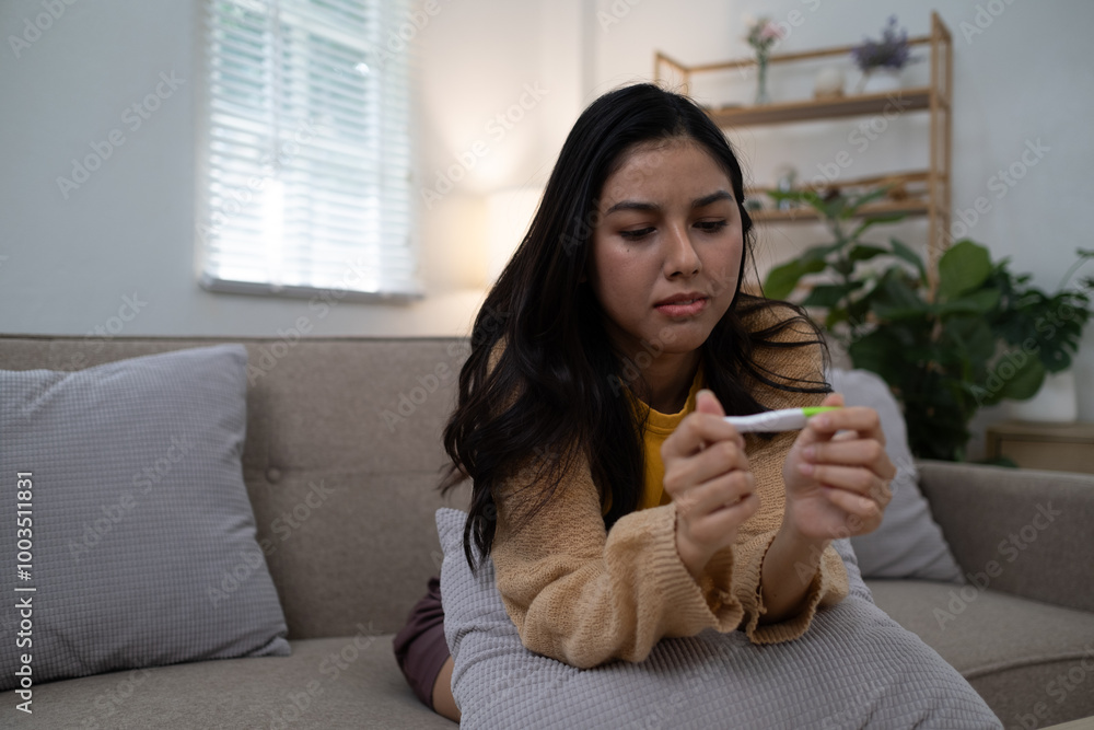 Sad unhappy woman holding a pregnancy test Sad unhappy woman holding a pregnancy test