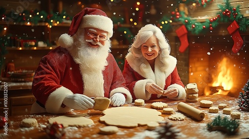 Santa Claus in paper-cut style, smiling as he and Mrs. Claus prepare cookies together, dough and rolling pins spread on the table, festive garlands and snowflakes decorating the kitchen, photo