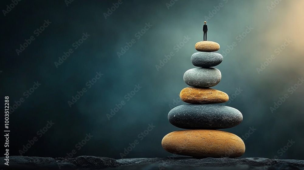 Obraz premium The statue stands gracefully atop a meticulously arranged pile of stones, representing a powerful symbol of success, stability and inner strength.