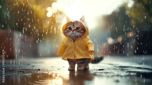 a cat wearing a raincoat in the rainy season. Virtual 4K video animation background with looping time lapse with very smooth graphics.