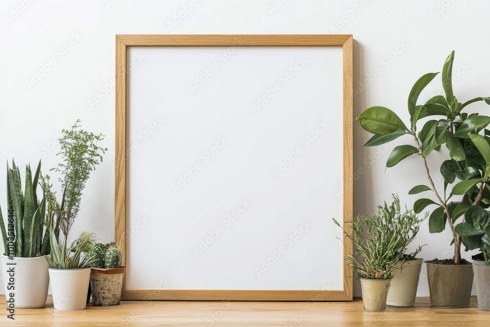 A blank picture frame with a wooden frame sits on a table with potted plants. A blank picture frame with a wooden frame sits on a table with potted plants.