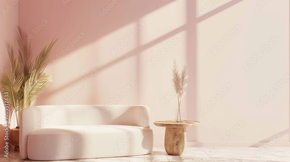 Modern boho style living room with minimalist table and pastel colored sofa AI generated image Modern boho style living room with minimalist table and pastel colored sofa AI generated image