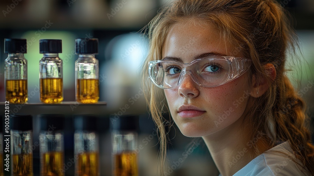 A young scientist analyzes samples in a laboratory filled with glass containers during a research project on chemical properties A young scientist analyzes samples in a laboratory filled with glass containers during a research project on chemical properties