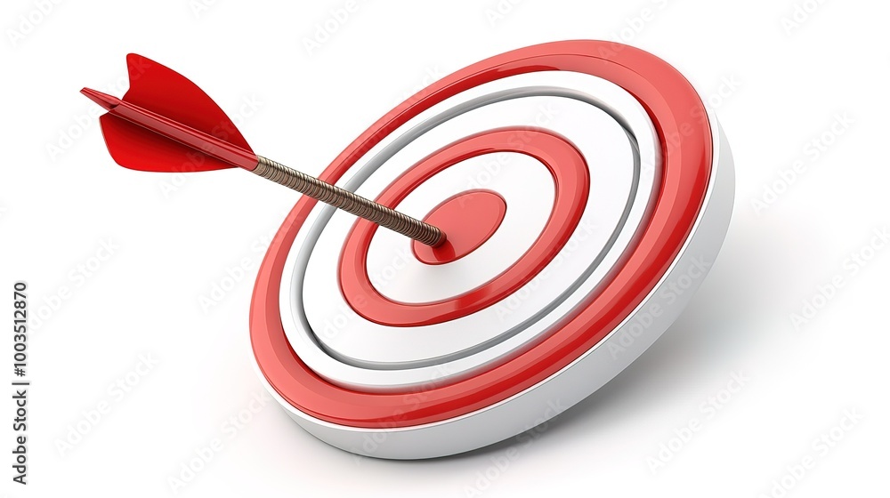 Arrow in bullseye of a business target, achievement success, strategy aim, 3d icon isolated on white background Arrow in bullseye of a business target, achievement success, strategy aim, 3d icon isolated on white background