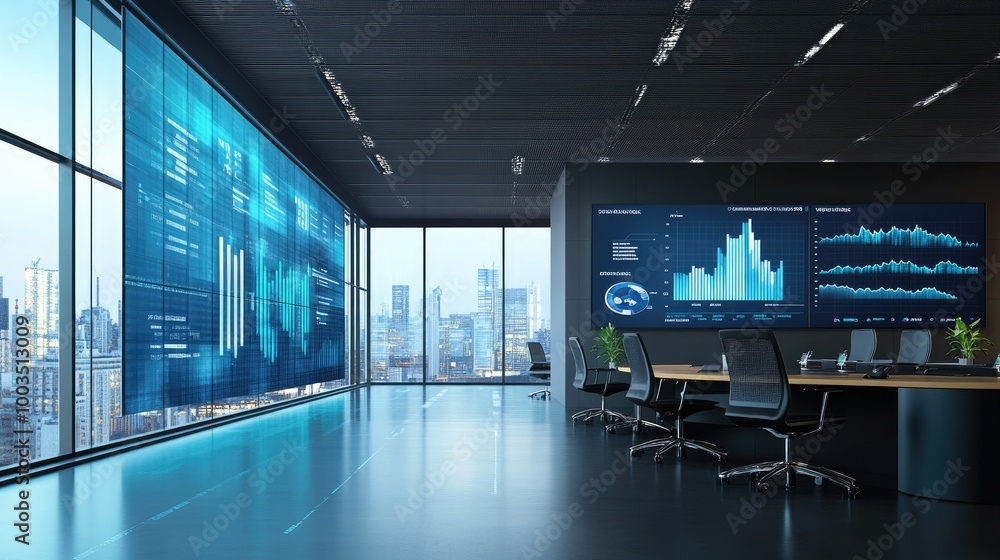 Large digital screens displaying business analytics in a high-tech office setting. Large digital screens displaying business analytics in a high-tech office setting.