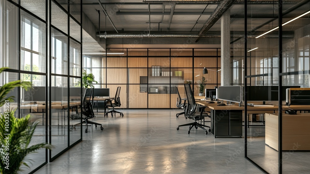 Large office space with modern dcor, glass walls, and ergonomic workstations for a professional look. Large office space with modern dcor, glass walls, and ergonomic workstations for a professional look.