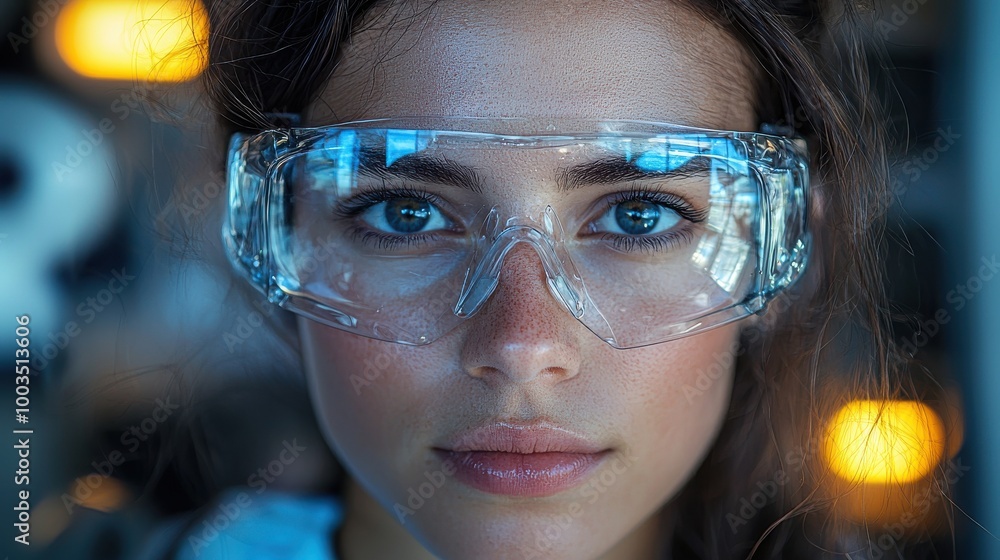 Young woman wearing safety goggles with intense focus in a laboratory setting during daylight hours Young woman wearing safety goggles with intense focus in a laboratory setting during daylight hours