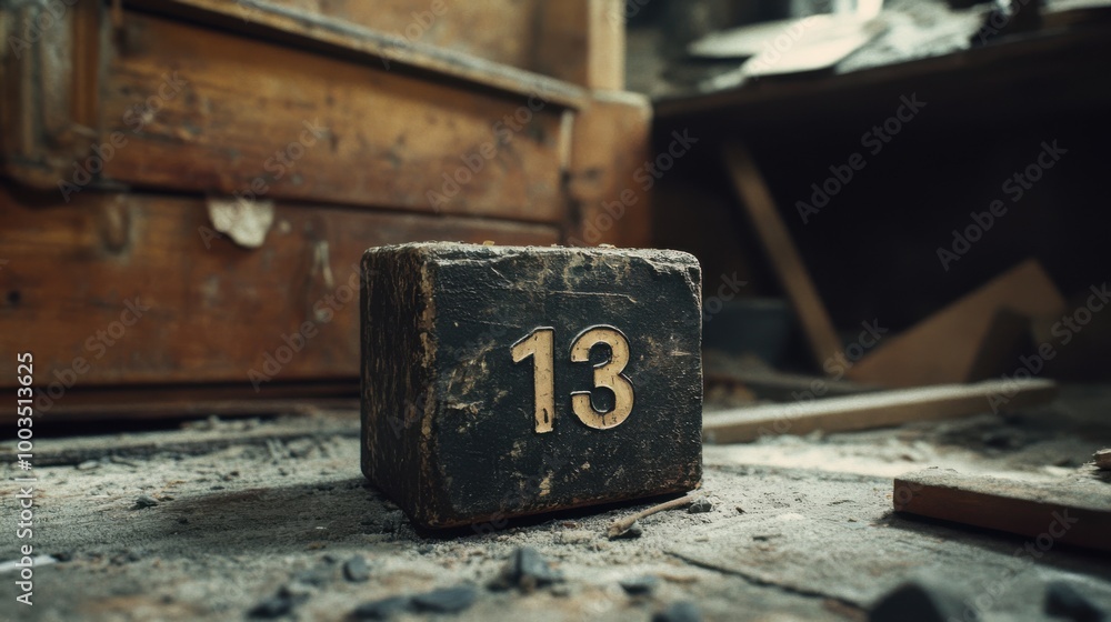 Obraz premium A mysterious, cursed object with the number 13 engraved, left abandoned in a dusty attic