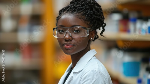 Young female scientist in a laboratory wearing safety glasses, working with equipment and materials during a research experiment