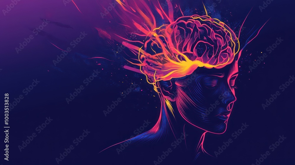 Obraz premium A vibrant illustration of a human head with a glowing brain, symbolizing creativity and thought.
