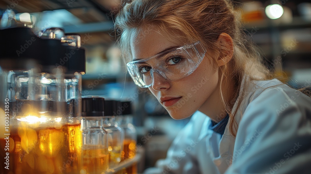 A young scientist conducting research in a laboratory filled with amber liquids during the evening hours A young scientist conducting research in a laboratory filled with amber liquids during the evening hours