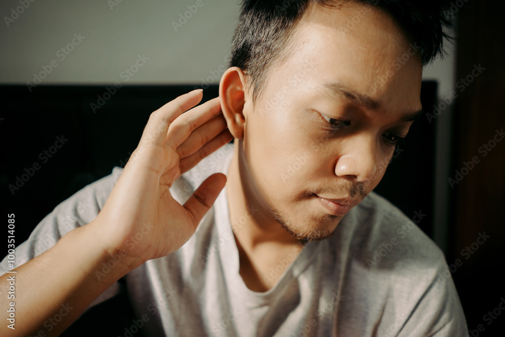 A man touching his ear using fingers hand examining health A man touching his ear using fingers hand examining health