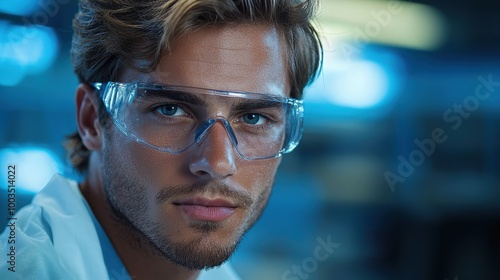 Young male scientist in a lab with protective glasses, engaged in research during a bright, focused work session