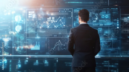 Businessman analyzing data and financial graphs on futuristic digital screens in a high-tech office environment, back view.