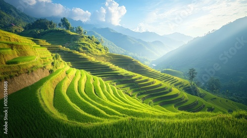 Lush green terraced rice paddies cascading down a mountainside under a bright blue sky.
