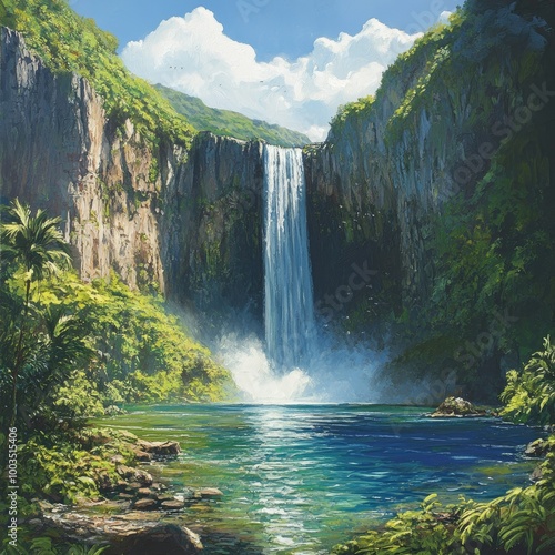 Majestic waterfall cascading into a clear blue pool, surrounded by lush green vegetation and towering cliffs.