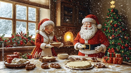 Whimsical paper-cut Santa Claus and Mrs. Claus baking Christmas cookies, detailed cookie cutters and dough on the table, flour scattered in the air, a decorated Christmas tree glowing in the corner, photo