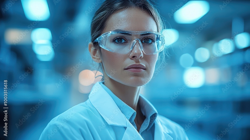 A focused laboratory technician wearing protective eyewear in a modern research facility during the day A focused laboratory technician wearing protective eyewear in a modern research facility during the day