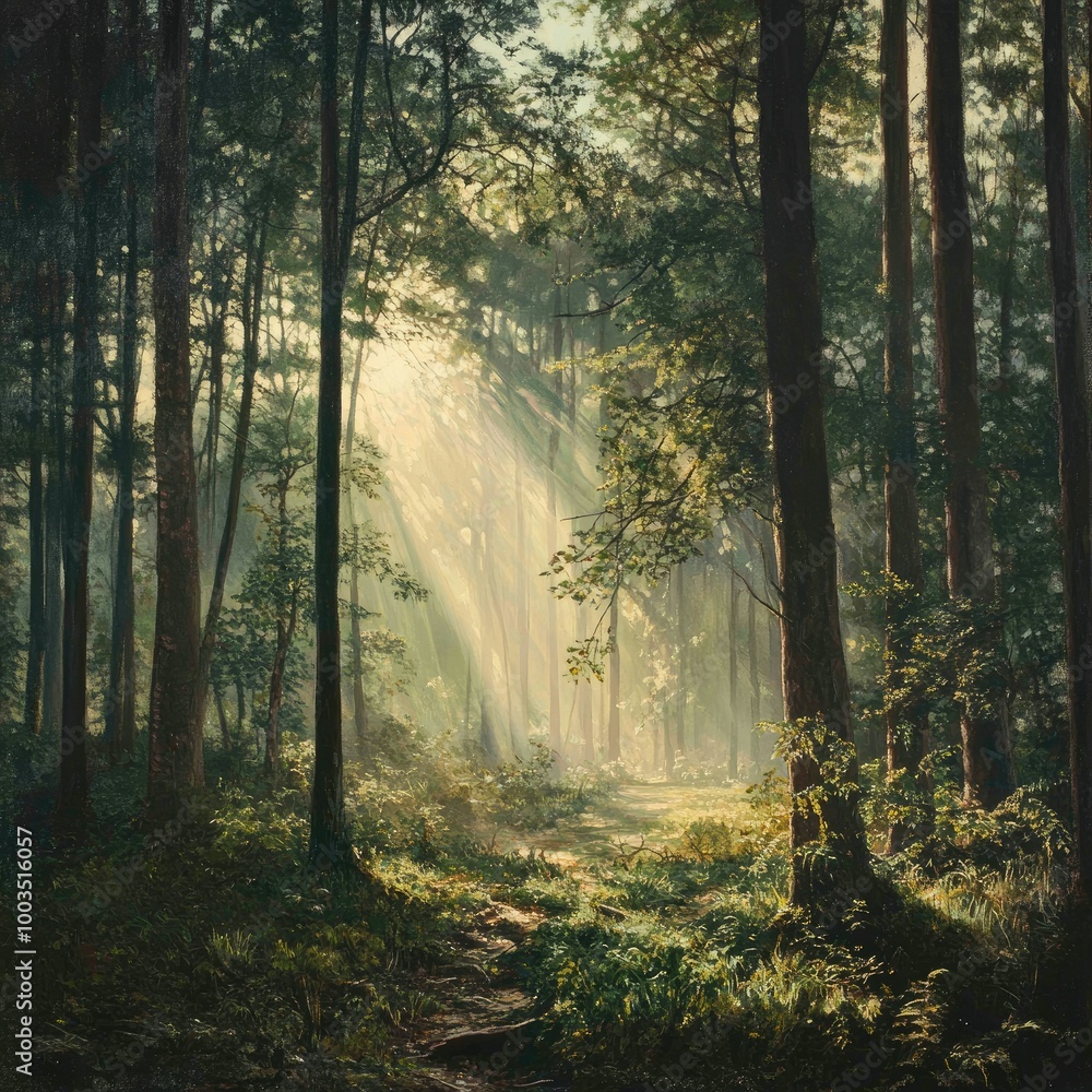 Misty forest in the early morning with sunlight streaming through the trees, illuminating the dewy ground. Misty forest in the early morning with sunlight streaming through the trees, illuminating the dewy ground.