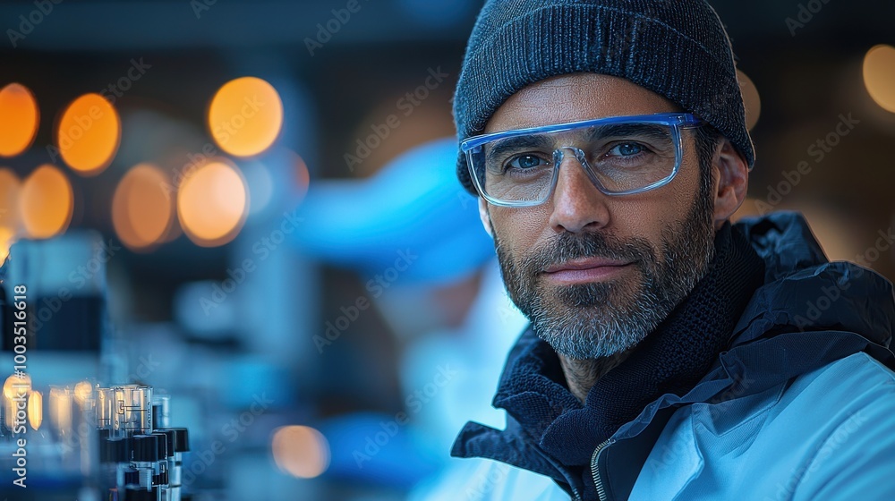 A scientist in a lab coat and glasses poses confidently in a modern laboratory while conducting research on innovative solutions A scientist in a lab coat and glasses poses confidently in a modern laboratory while conducting research on innovative solutions