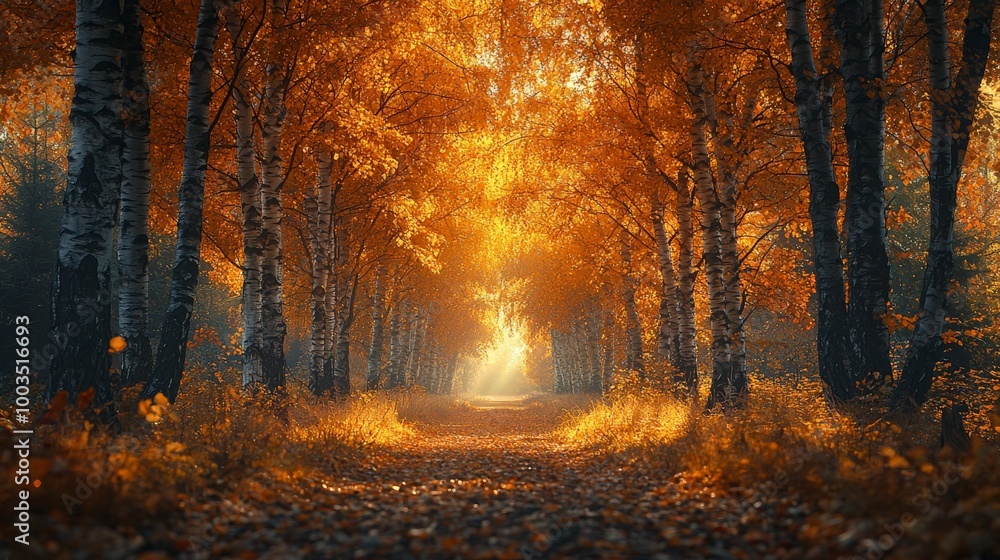 A serene autumn forest path illuminated by warm light and vibrant orange leaves. A serene autumn forest path illuminated by warm light and vibrant orange leaves.