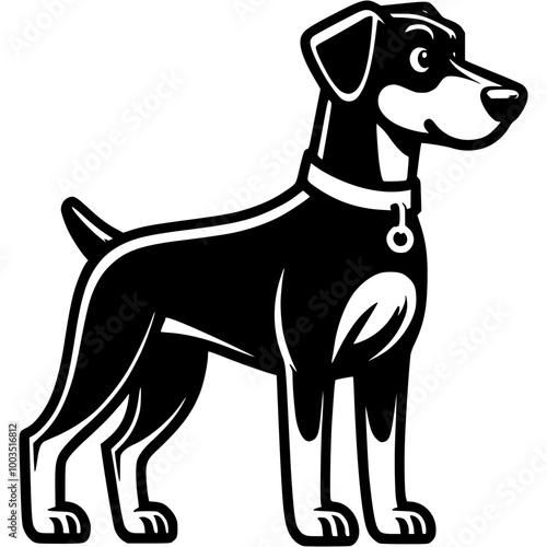 Young doberman dog ready for training in monochrome. Simple minimalistic vector in black ink drawing on transparent background