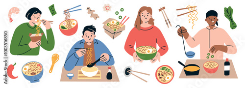 People eating and cooking ramen, vector illustrations of Asian noodles, collection of characters with bowls and chopsticks, noodle soup ingredients like fish cake, ginger, Korean or Japanese cuisine