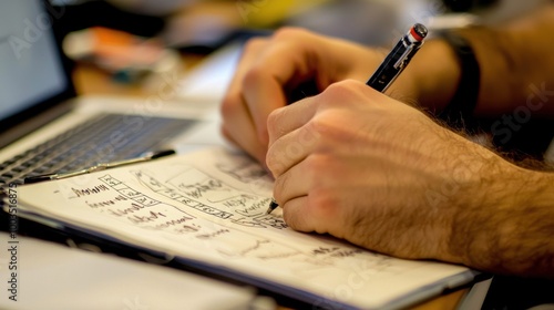 Close-up of a person writing in a notebook beside a laptop, capturing productivity and work environment. photo