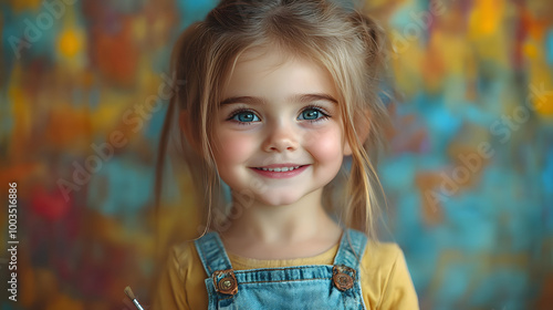 Close-up of an Adorable Little Girl Smiling and Painting a Picture 