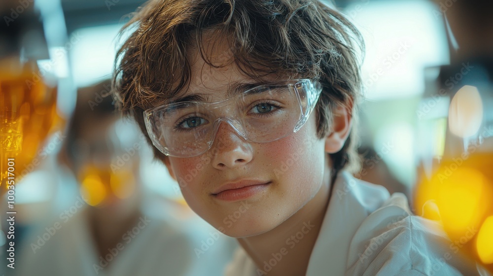 Young student wearing safety goggles in a laboratory setting, engaged in a science experiment during the day Young student wearing safety goggles in a laboratory setting, engaged in a science experiment during the day