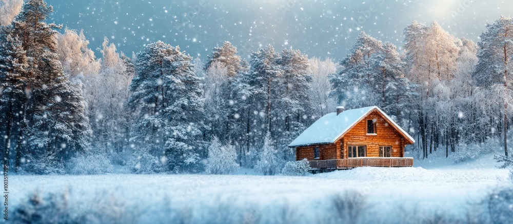 A cozy cabin nestled amidst a snowy forest with falling snow and a bright sky. A cozy cabin nestled amidst a snowy forest with falling snow and a bright sky.