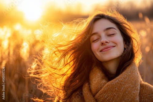 A young woman enjoying a golden sunset, her hair flowing gently in the breeze, radiating happiness in a serene outdoor setting.