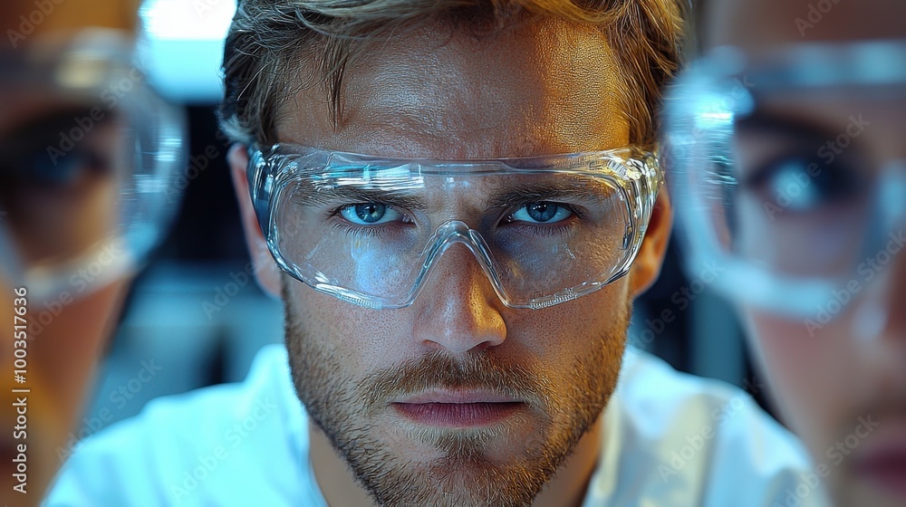 Fototapeta premium A focused scientist wearing safety goggles analyzes data in a laboratory setting during a research session at midday