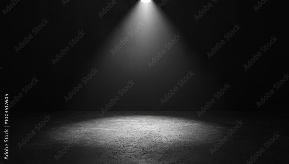 A single spotlight illuminates a dark room with concrete floor. A single spotlight illuminates a dark room with concrete floor.