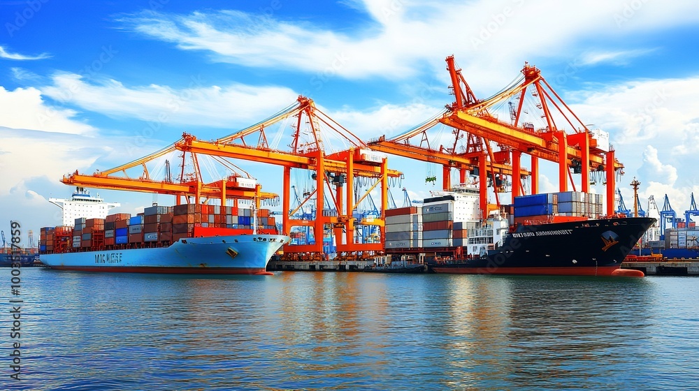 Large cargo ship docked at a port with cranes and containers, symbolizing a port strike, highlighting the scale of the port and the absence of activity. Large cargo ship docked at a port with cranes and containers, symbolizing a port strike, highlighting the scale of the port and the absence of activity.
