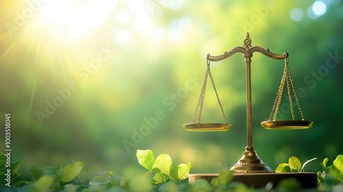 Symbol of justice, balance scale with sunlight, representing fairness and law in a natural setting. photo