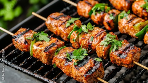 Grilled plantbased protein skewers garnished with fresh herbs, set on an outdoor barbecue table, vegan barbecue, summer dining