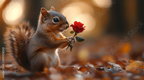 Two Squirrels Exchanging Valentine’s Day Gifts and Flowers 