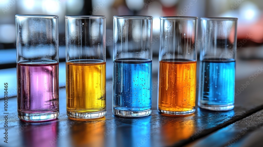 Colorful glass tubes filled with vibrant liquids arranged on a wooden table in a well-lit setting Colorful glass tubes filled with vibrant liquids arranged on a wooden table in a well-lit setting