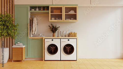 Foto Mockup wall in a laundry room against a pastel green wall background- 3D renderi