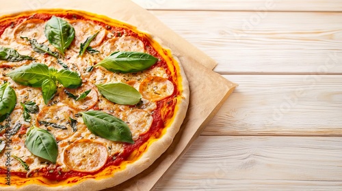 Plantbased protein pizza with herbinfused toppings, served on a rustic wooden table, vegan pizza, herbinspired cuisine photo