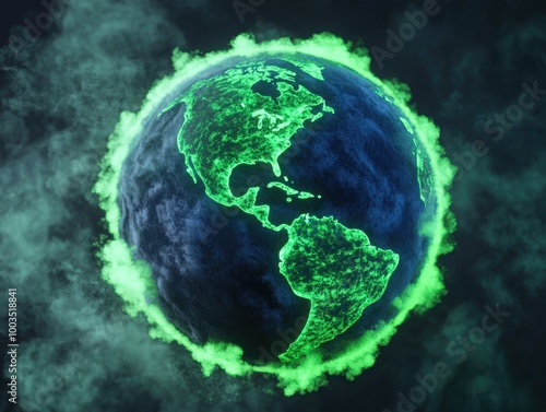 Glowing green planet Earth surrounded by smoke, representing environmental awareness and sustainability. photo