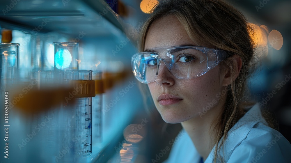 Young scientist working in a modern laboratory quietly observing experiments during evening hours Young scientist working in a modern laboratory quietly observing experiments during evening hours