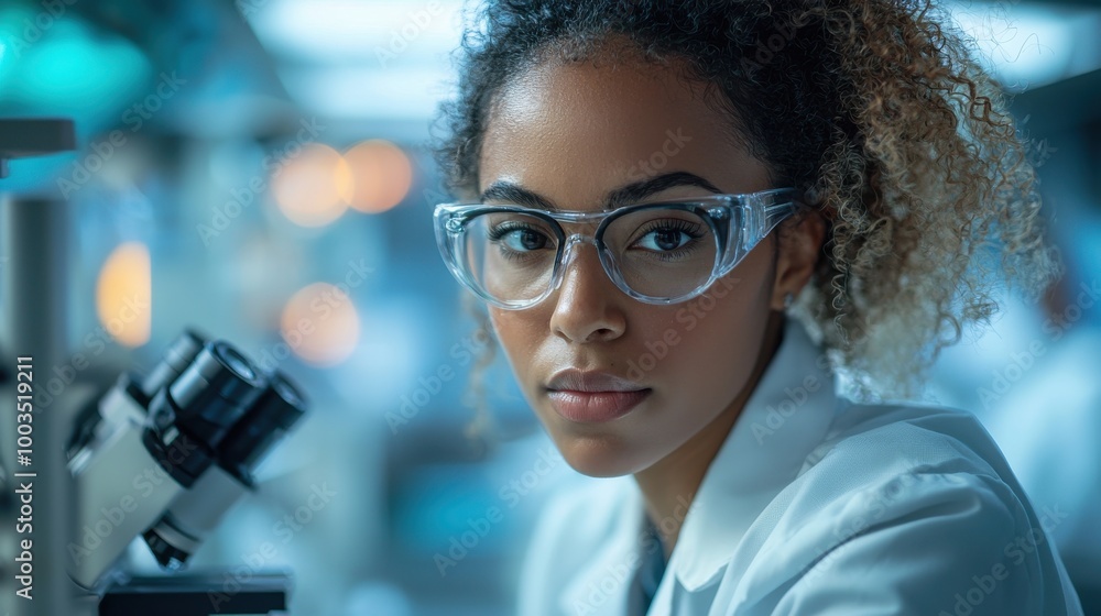 Young scientist examines samples with a microscope in a modern laboratory setting during the evening Young scientist examines samples with a microscope in a modern laboratory setting during the evening