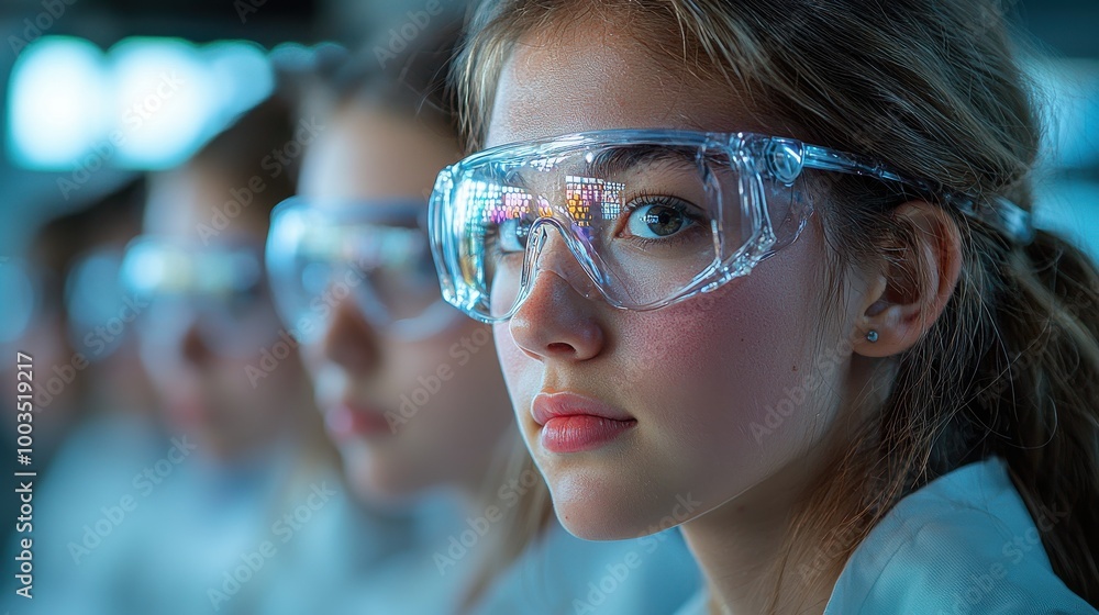Students wearing safety goggles intently focusing on a science experiment in a modern laboratory classroom during a school session Students wearing safety goggles intently focusing on a science experiment in a modern laboratory classroom during a school session