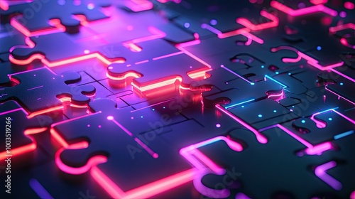Neon-colored puzzle pieces locking into place on a glowing digital platform, symbolizing API integration