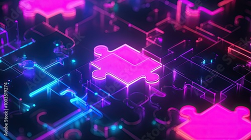 Neon-colored puzzle pieces locking into place on a glowing digital platform, symbolizing API integration